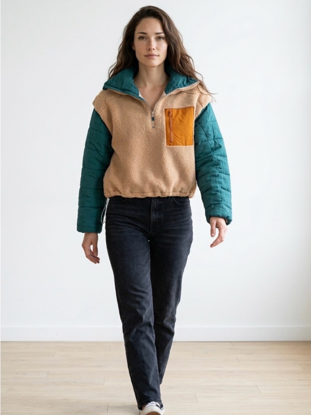 Colorblock Sherpa Pullover Jacket in Teal, Tan & Mustard